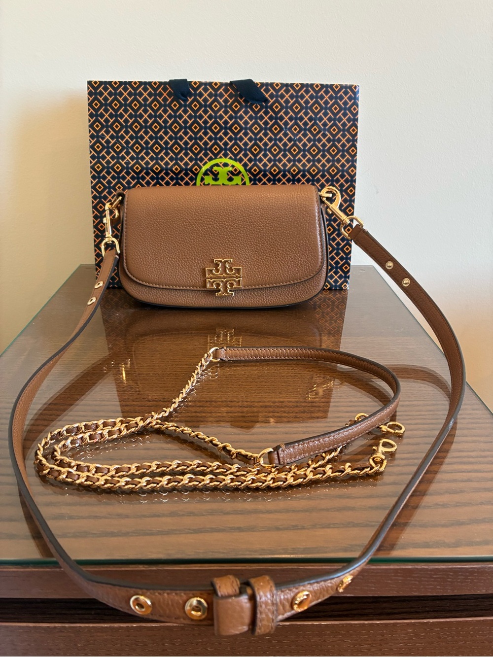 Tory Burch Brown Britten Convertible Pebbled Leather Crossbody Bag